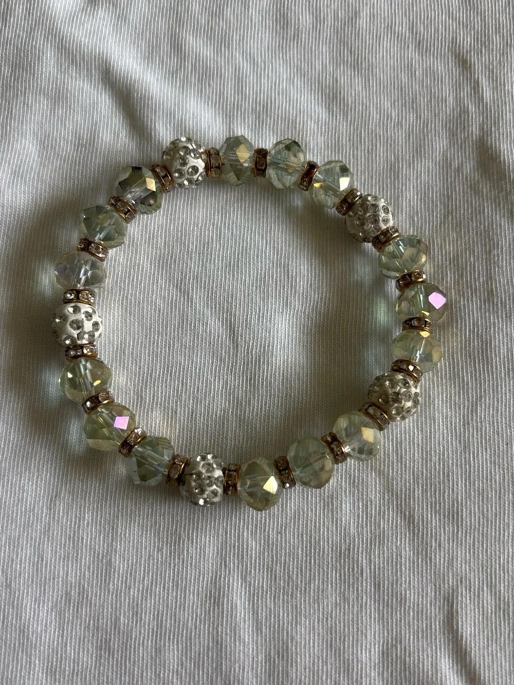 Faceted Pale Green Crystal Stretch Bracelet with Silver Accents